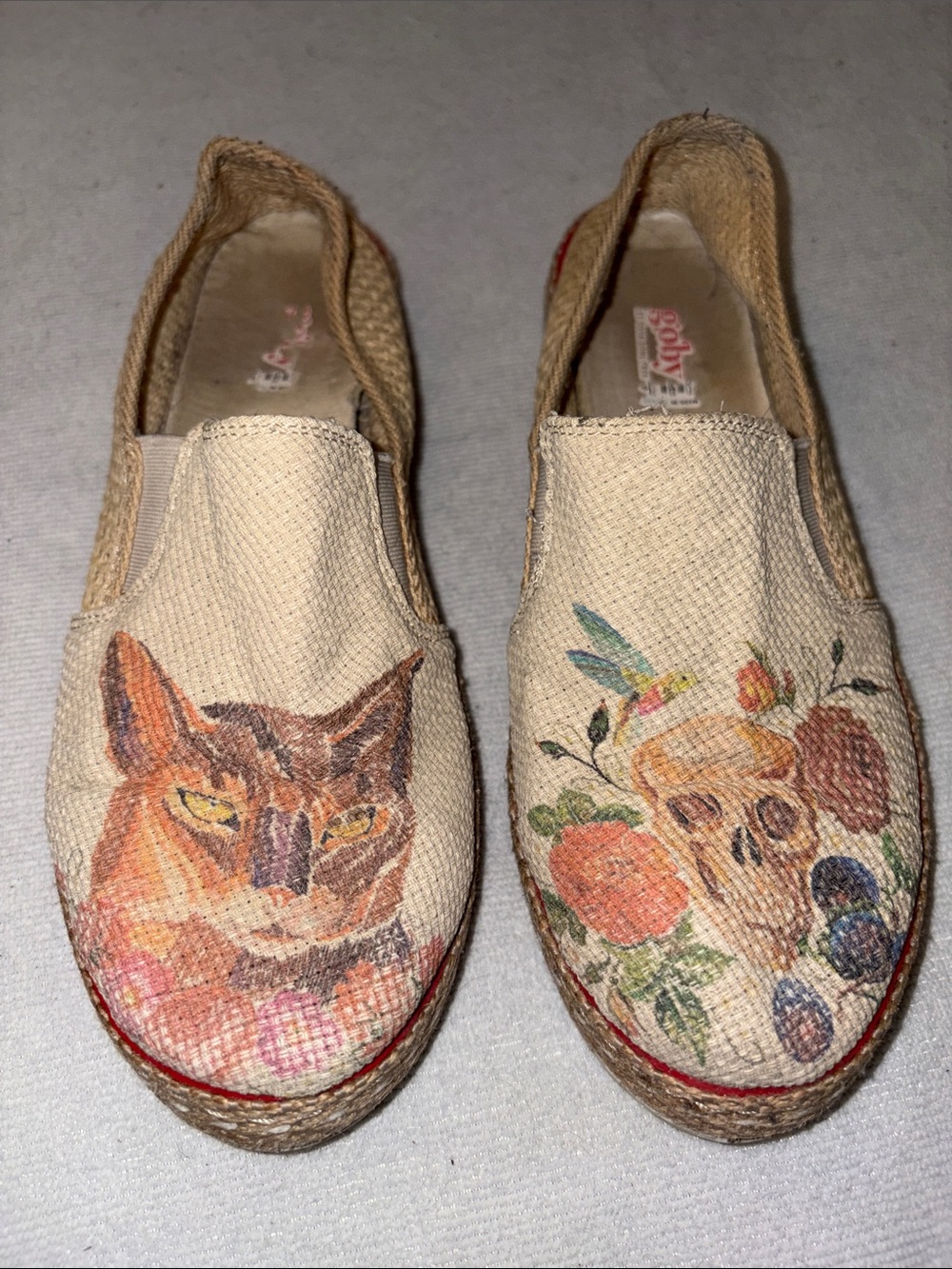 Hand-Painted Canvas Espadrilles with Cat & Skull Art